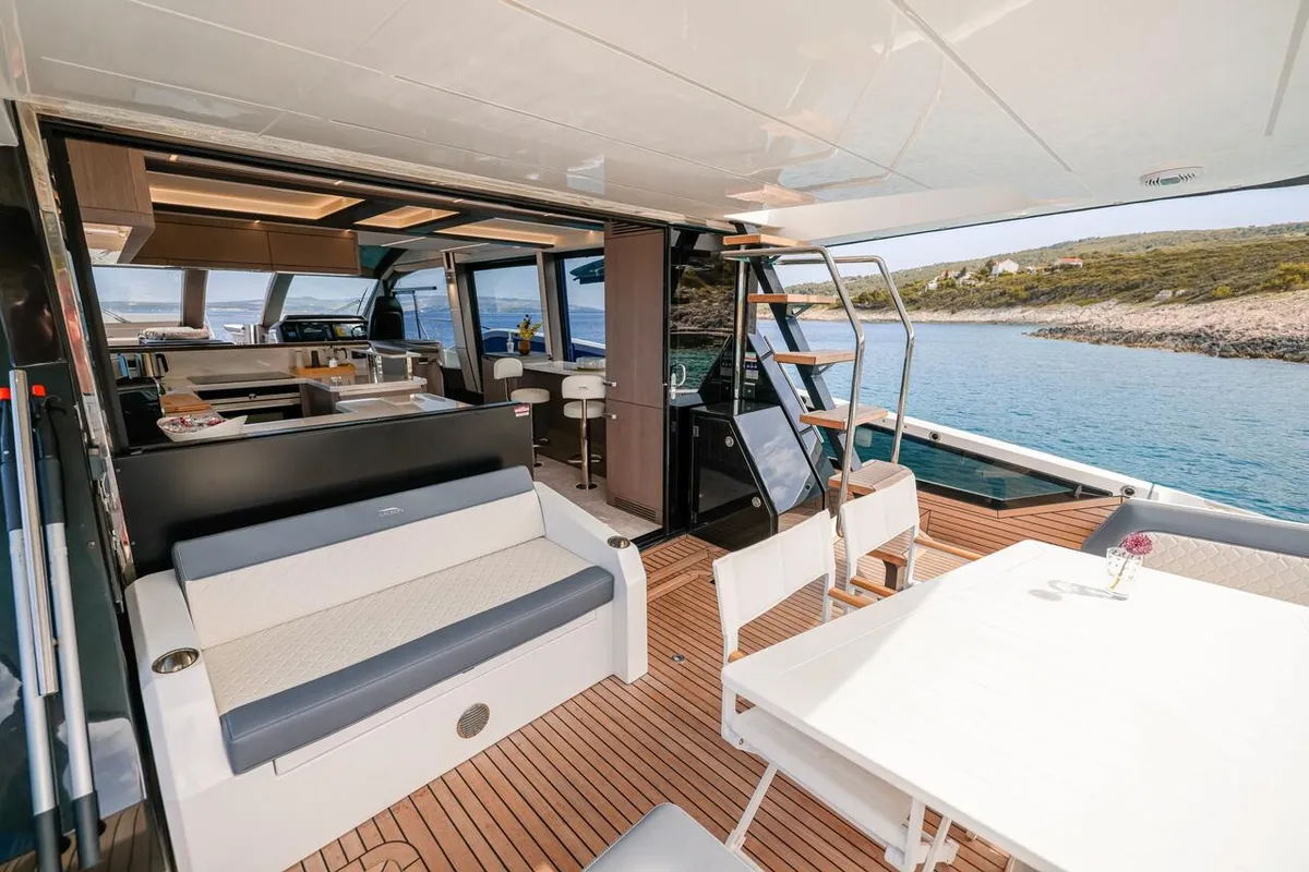 Deck of FGstar, a Galeon 640 Fly motor yacht at Seget Donji, Croatia