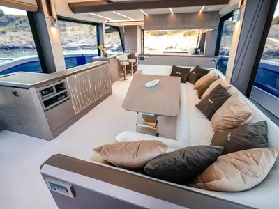 Salon of FGstar, a Galeon 640 Fly motor yacht at Seget Donji, Croatia