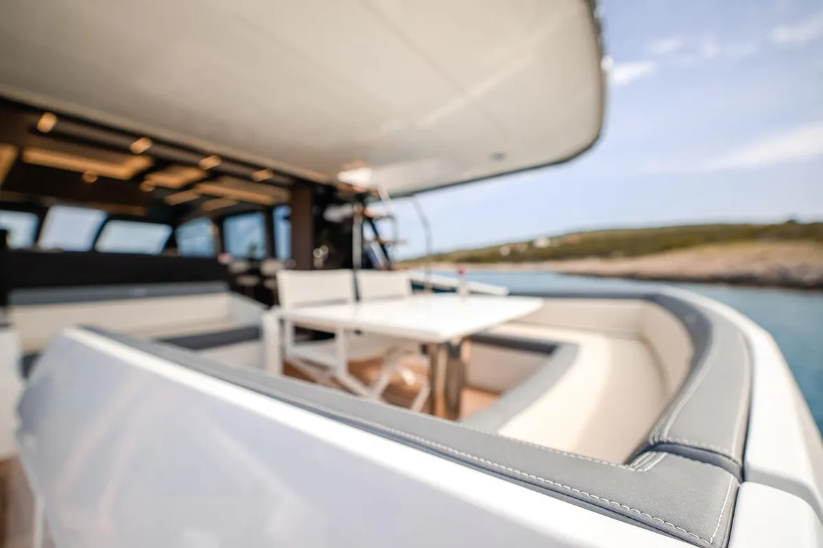 Deck of FGstar, a Galeon 640 Fly motor yacht at Seget Donji, Croatia