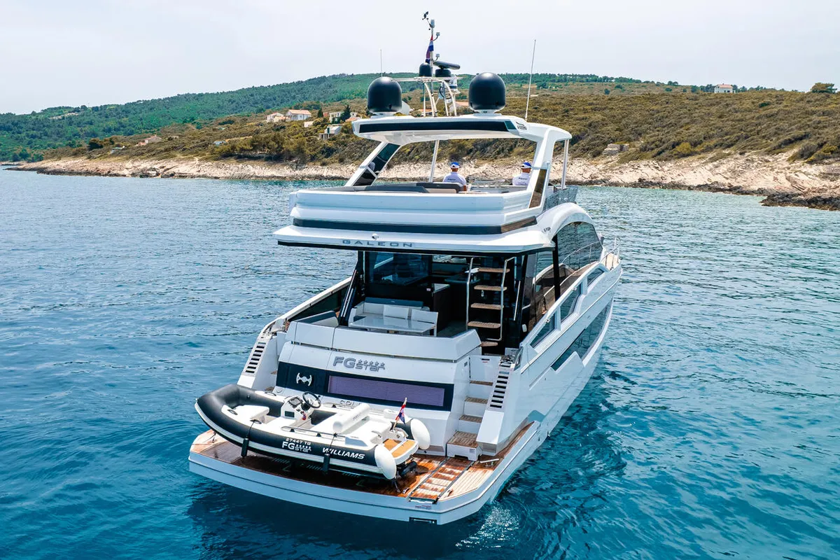 Exterior view of FGstar, a Galeon 640 Fly motor yacht at Seget Donji, Croatia