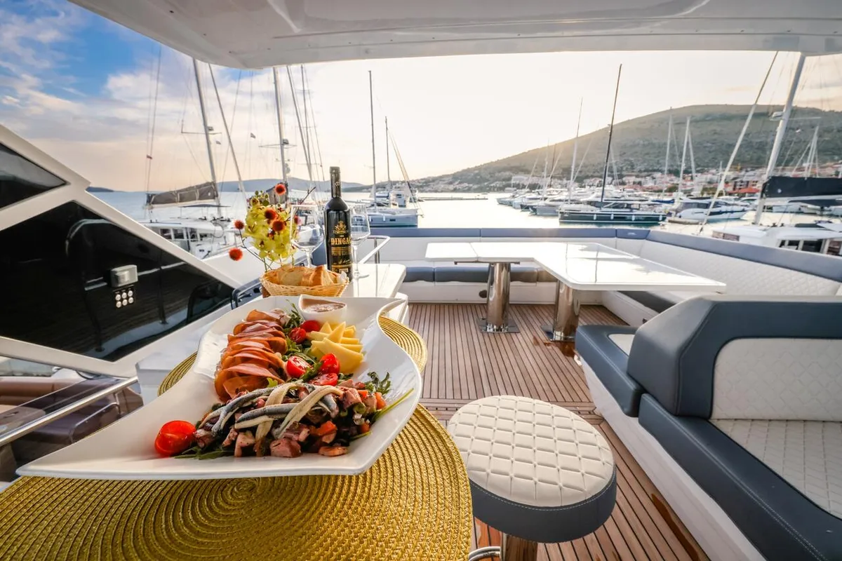 Deck of FGstar, a Galeon 640 Fly motor yacht at Seget Donji, Croatia