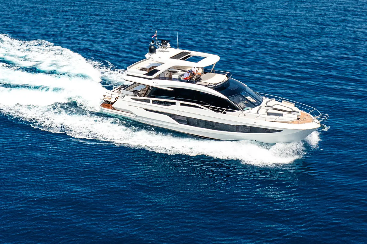 Exterior view of FGstar, a Galeon 640 Fly motor yacht at Seget Donji, Croatia