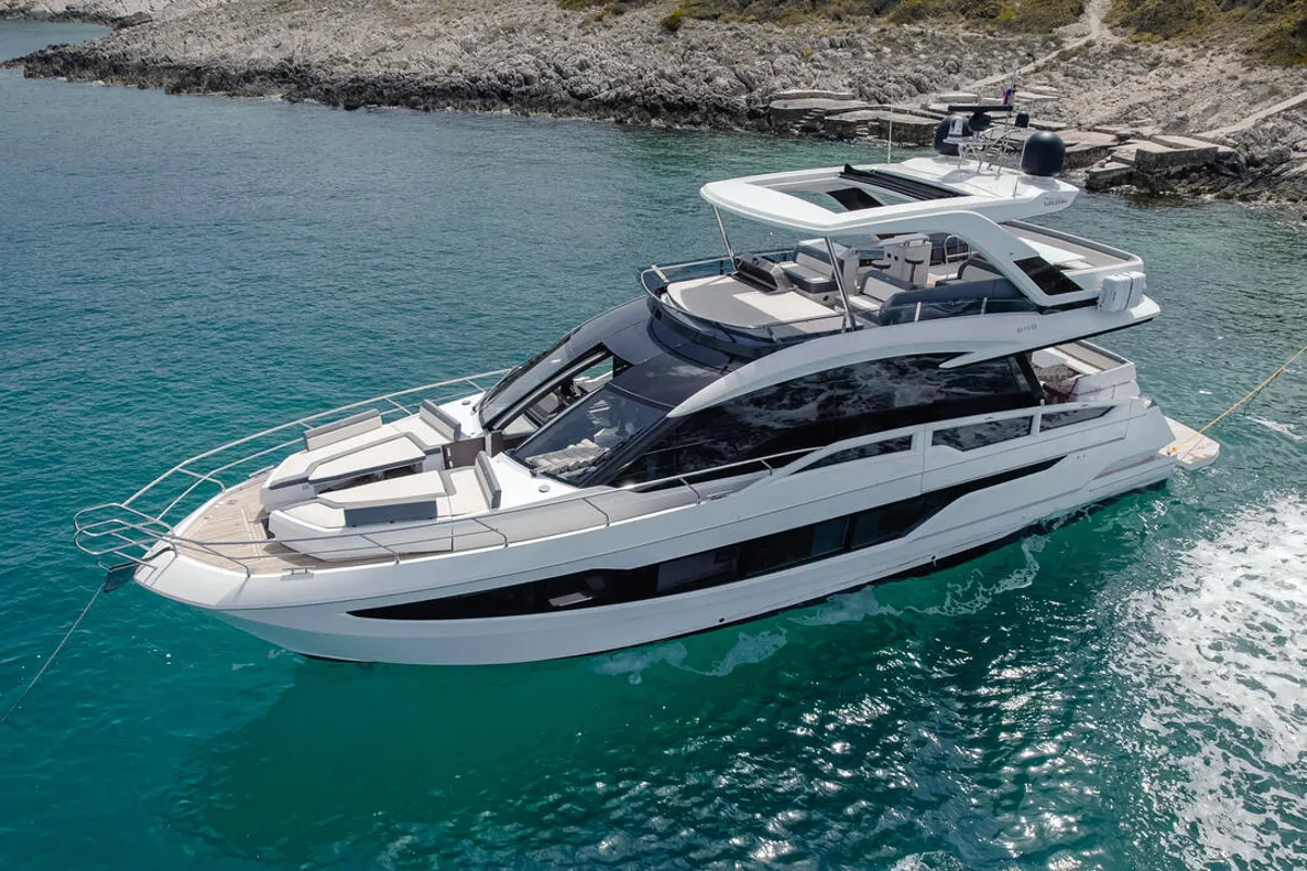 Exterior view of FGstar, a Galeon 640 Fly motor yacht at Seget Donji, Croatia