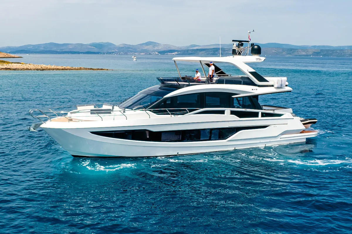 Exterior view of FGstar, a Galeon 640 Fly motor yacht at Seget Donji, Croatia