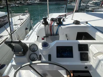 Cockpit of Pronto Sail, a Aventura 37 catamaran at Fethiye, Turkey