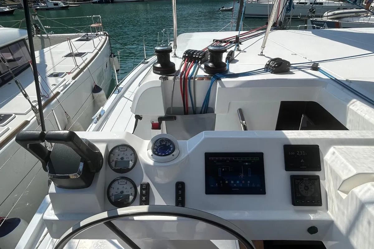 Cockpit of Pronto Sail, a Aventura 37 catamaran at Fethiye, Turkey