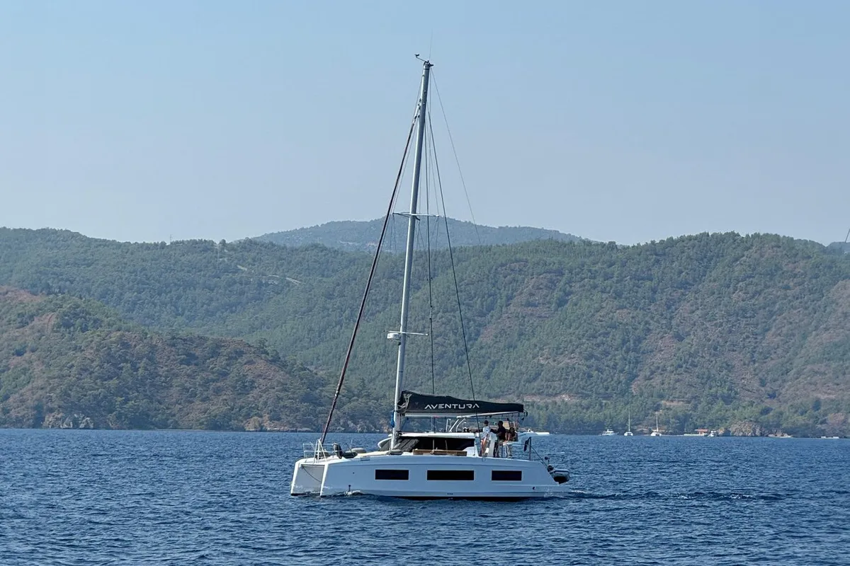 Exterior view of Pronto Sail, a Aventura 37 catamaran at Fethiye, Turkey