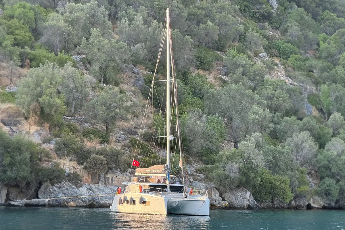 Exterior view of Pronto Sail, a Aventura 37 catamaran at Fethiye, Turkey
