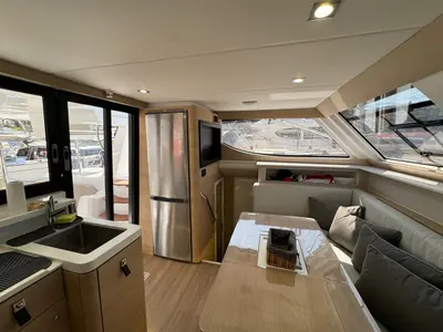 Salon of Pronto Sail, a Aventura 37 catamaran at Fethiye, Turkey