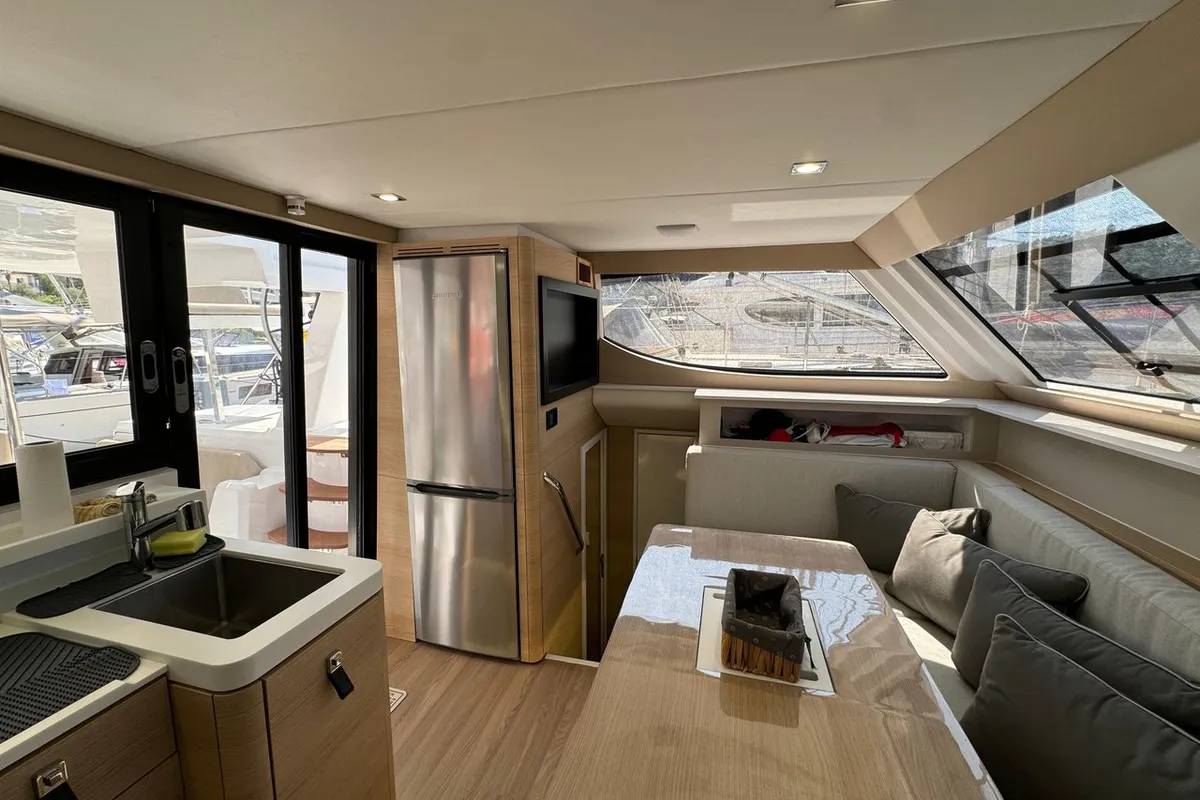 Salon of Pronto Sail, a Aventura 37 catamaran at Fethiye, Turkey