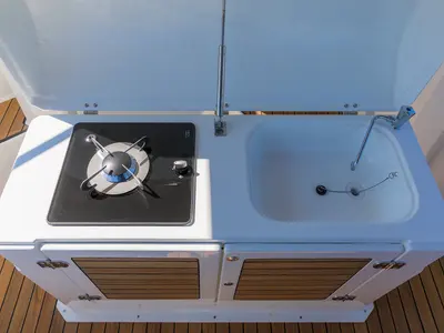 Galley of Pacific Craft 750 Sun Cruiser, a motorboat at Pula, Croatia
