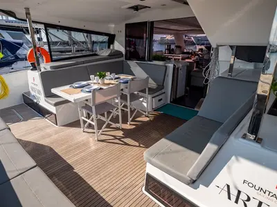 Deck of Lfk-Isla 40, a Fountaine Pajot Isla 40 catamaran at Municipal Unit of Lefkada, Greece