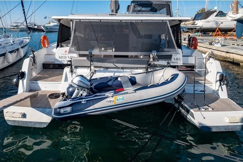 Exterior view of Lfk-Isla 40, a Fountaine Pajot Isla 40 catamaran at Municipal Unit of Lefkada, Greece