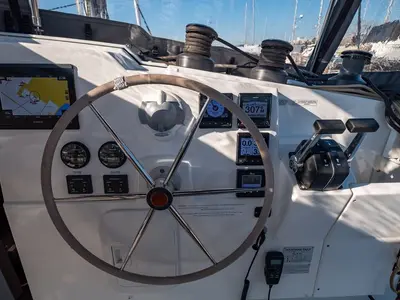 Cockpit of Lfk-Isla 40, a Fountaine Pajot Isla 40 catamaran at Municipal Unit of Lefkada, Greece
