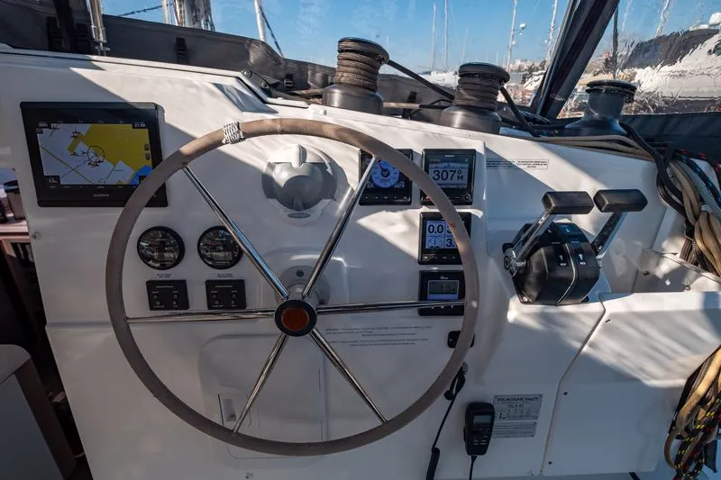Cockpit of Lfk-Isla 40, a Fountaine Pajot Isla 40 catamaran at Municipal Unit of Lefkada, Greece