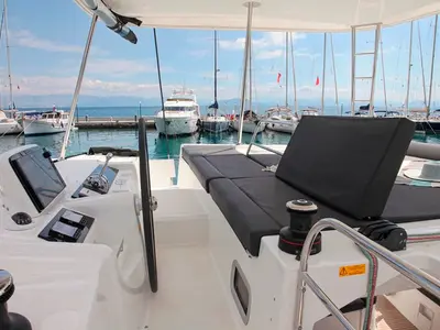 Cockpit of Iris, a Lagoon 46 catamaran at Benitses, Greece