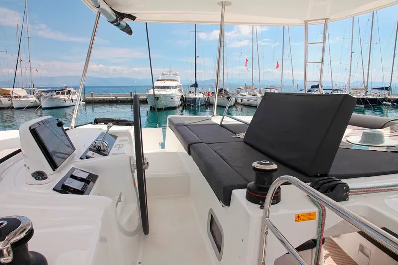 Cockpit of Iris, a Lagoon 46 catamaran at Benitses, Greece