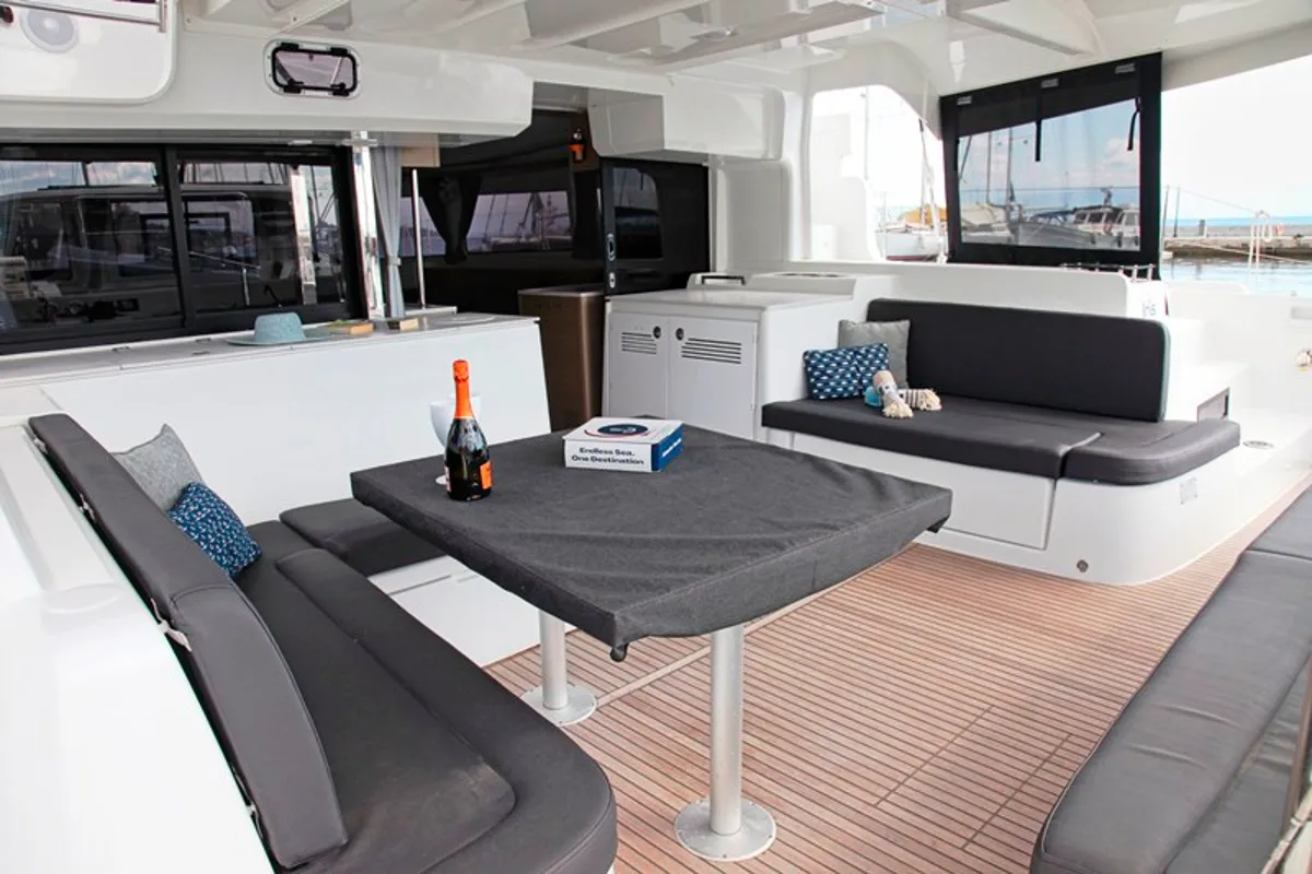 Deck of Iris, a Lagoon 46 catamaran at Benitses, Greece