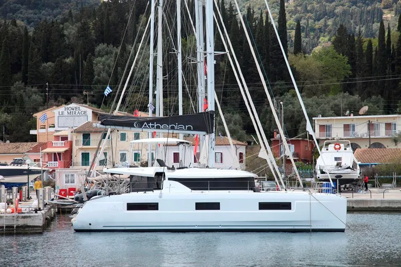 Exterior view of Iris, a Lagoon 46 catamaran at Benitses, Greece
