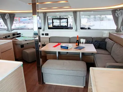 Salon of Iris, a Lagoon 46 catamaran at Benitses, Greece