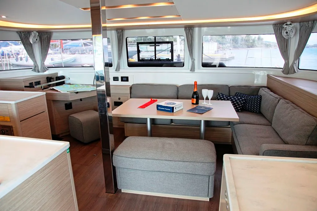 Salon of Iris, a Lagoon 46 catamaran at Benitses, Greece
