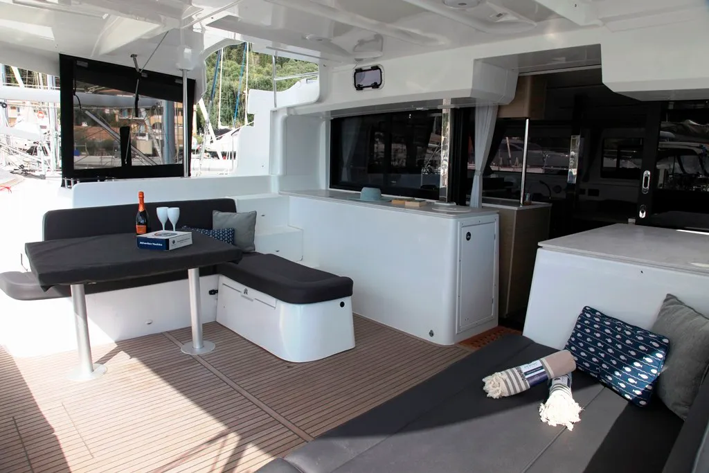 Deck of Iris, a Lagoon 46 catamaran at Benitses, Greece
