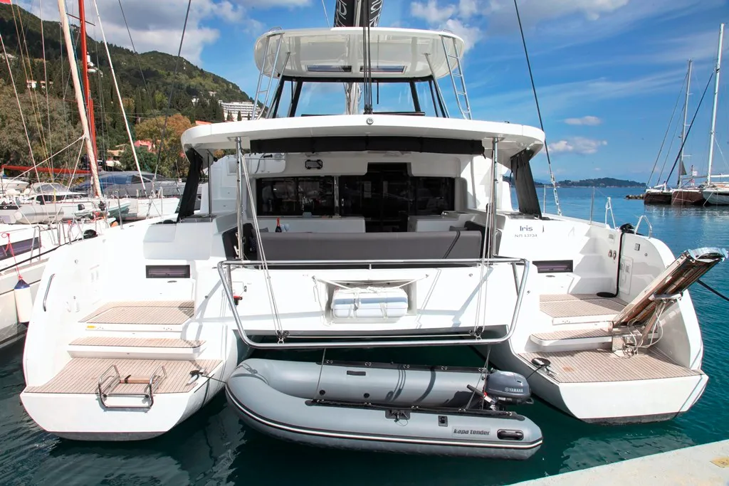 Exterior view of Iris, a Lagoon 46 catamaran at Benitses, Greece