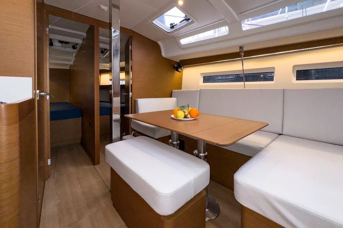 Salon of tam elli, a Jeanneau Sun Odyssey 440 sailboat at Palma de Mallorca, Spain