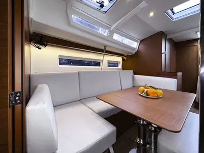 Salon of tam elli, a Jeanneau Sun Odyssey 440 sailboat at Palma de Mallorca, Spain