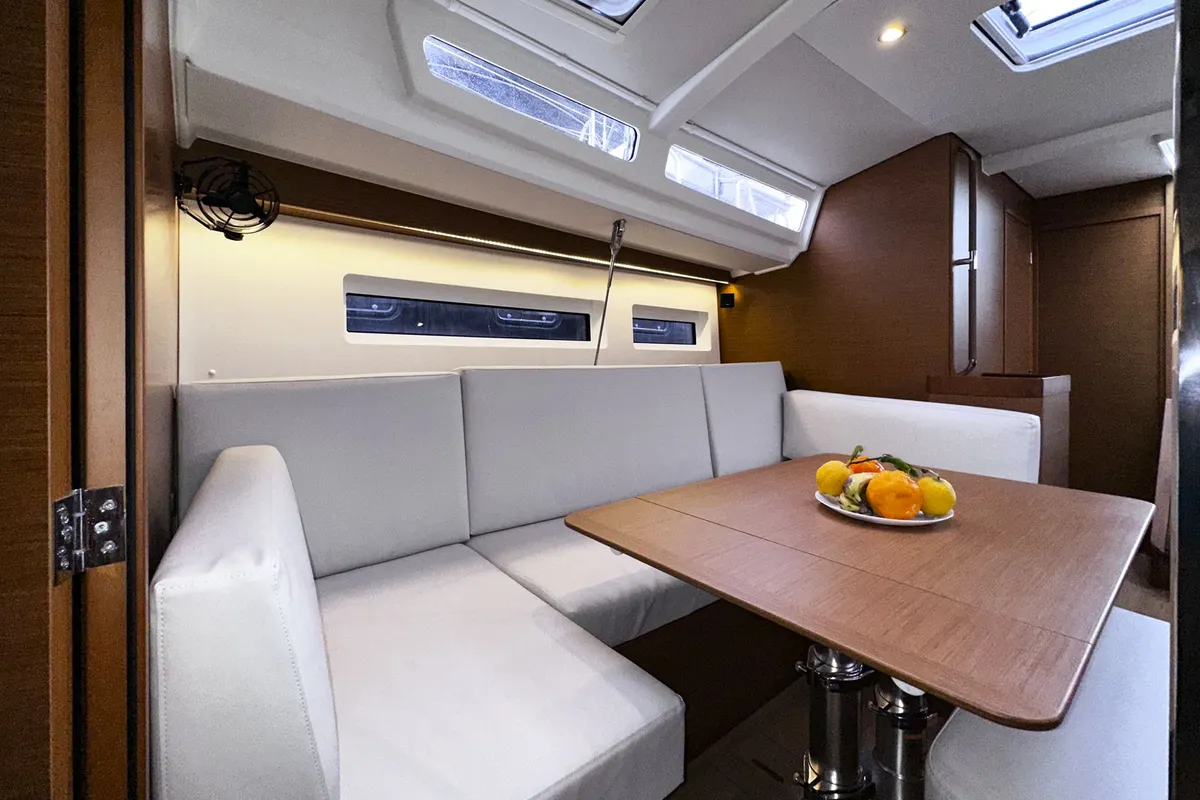 Salon of tam elli, a Jeanneau Sun Odyssey 440 sailboat at Palma de Mallorca, Spain