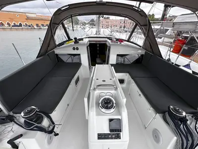 Deck of tam elli, a Jeanneau Sun Odyssey 440 sailboat at Palma de Mallorca, Spain