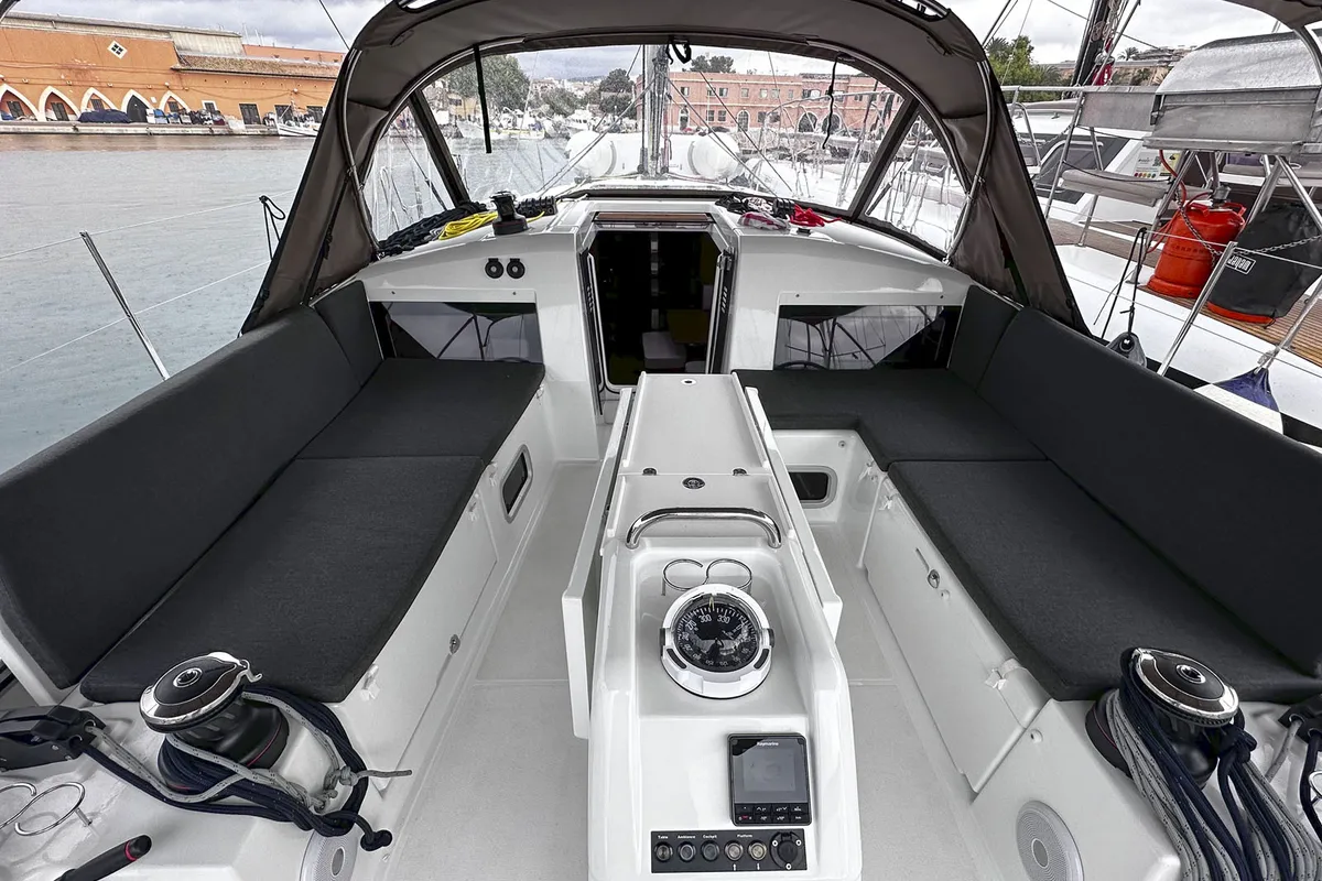 Deck of tam elli, a Jeanneau Sun Odyssey 440 sailboat at Palma de Mallorca, Spain