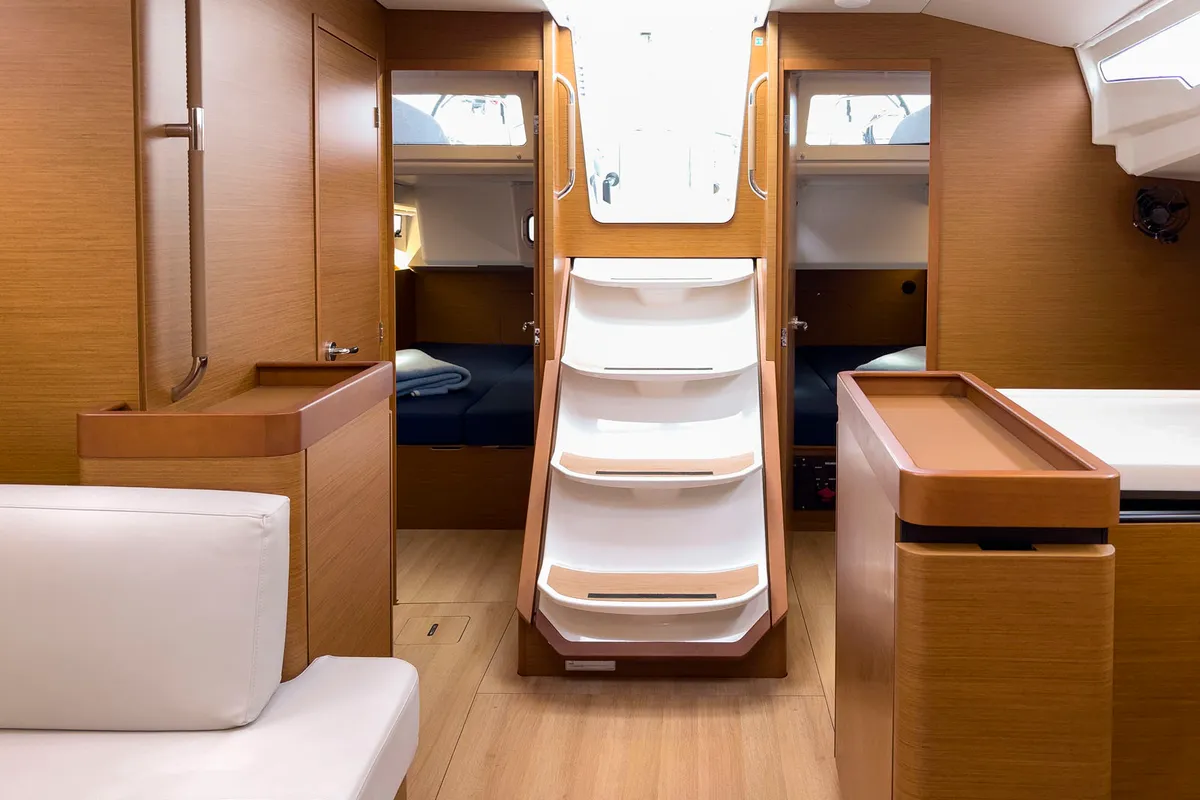 Salon of tam elli, a Jeanneau Sun Odyssey 440 sailboat at Palma de Mallorca, Spain