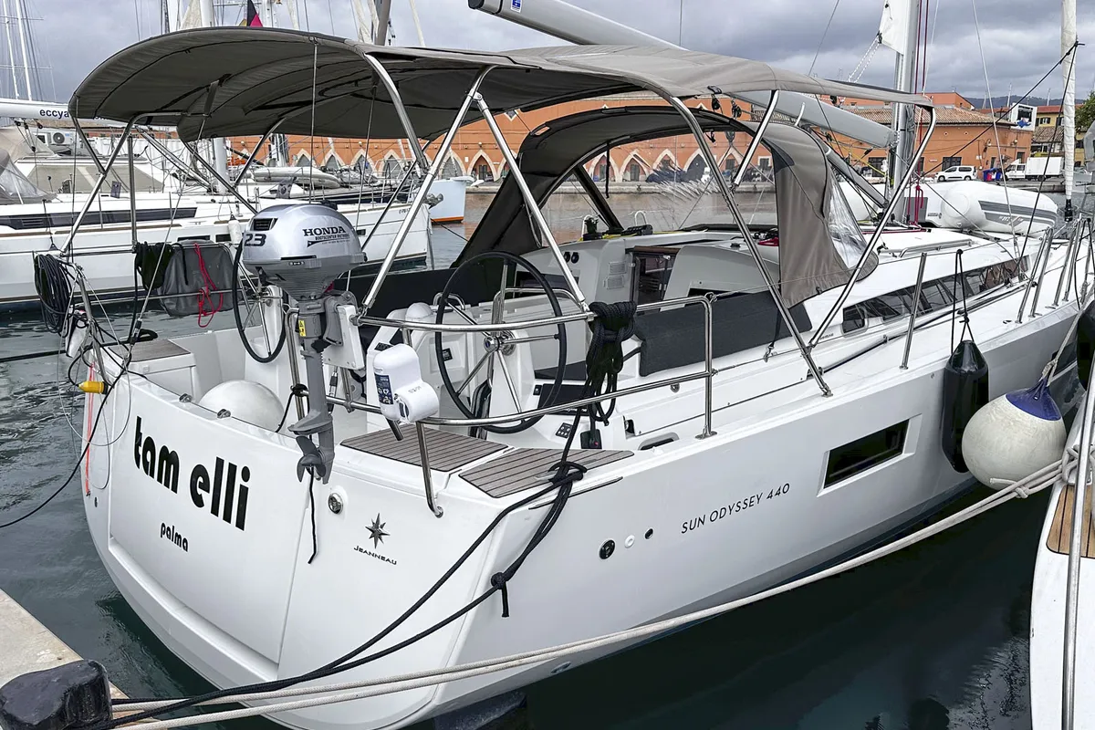 Exterior view of tam elli, a Jeanneau Sun Odyssey 440 sailboat at Palma de Mallorca, Spain
