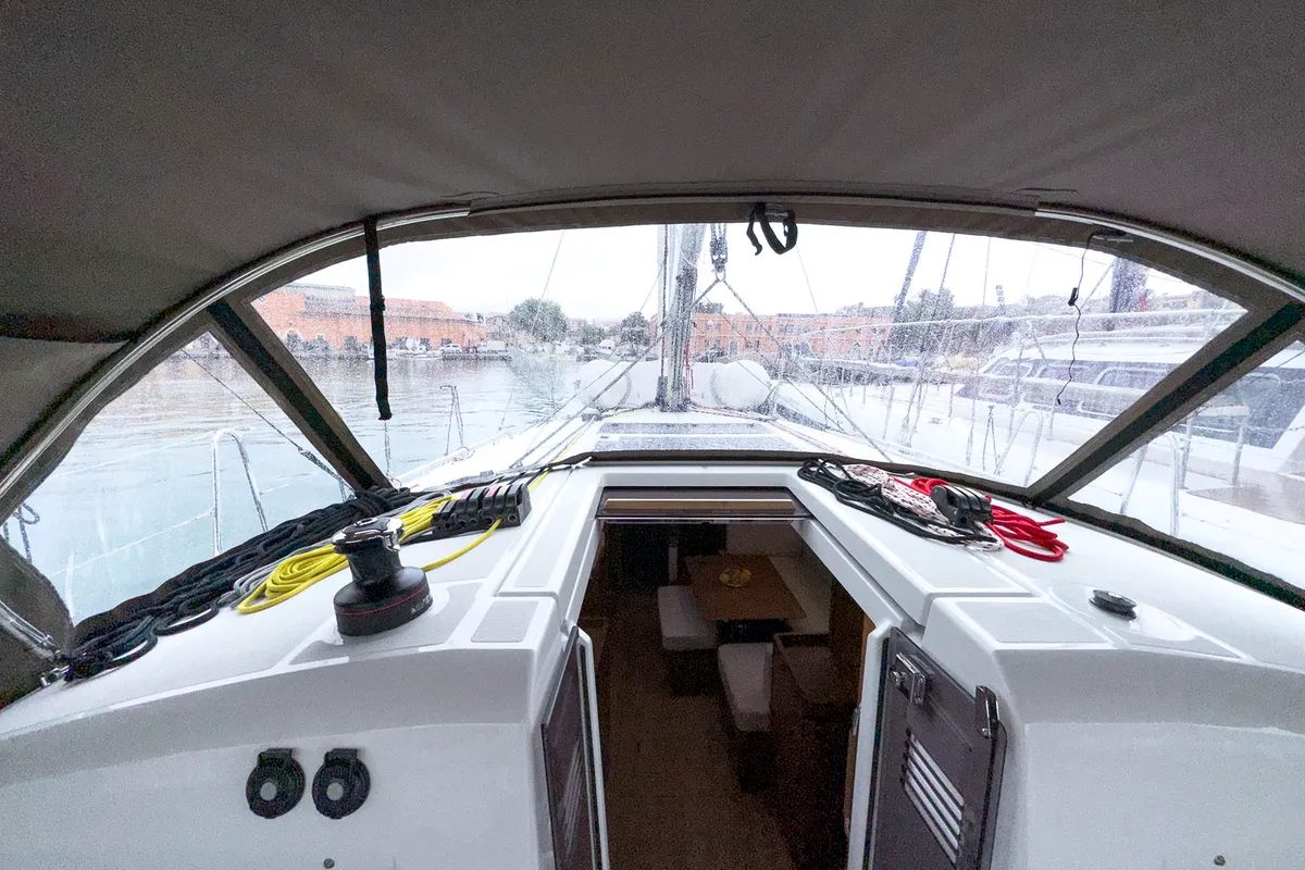 Deck of tam elli, a Jeanneau Sun Odyssey 440 sailboat at Palma de Mallorca, Spain