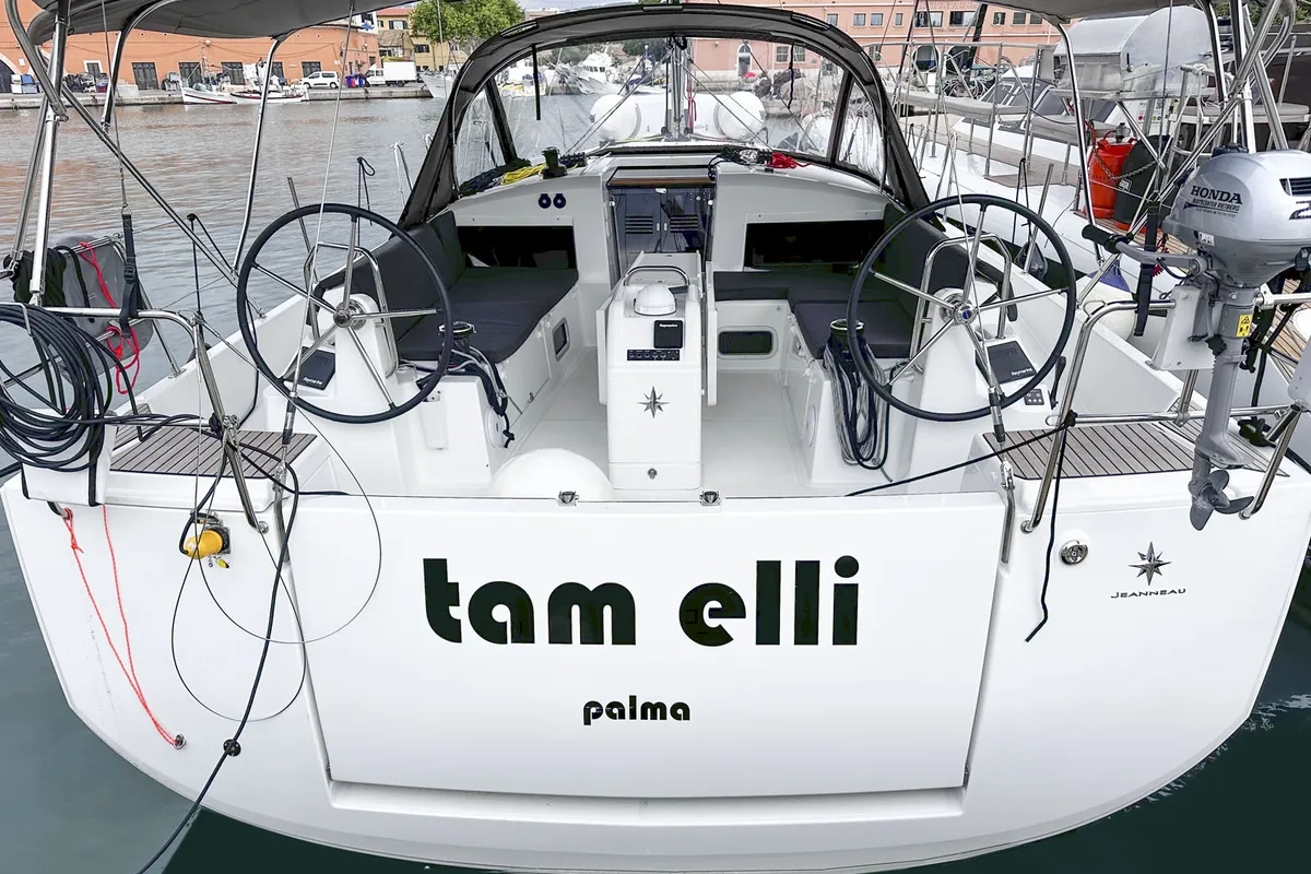 Cockpit of tam elli, a Jeanneau Sun Odyssey 440 sailboat at Palma de Mallorca, Spain