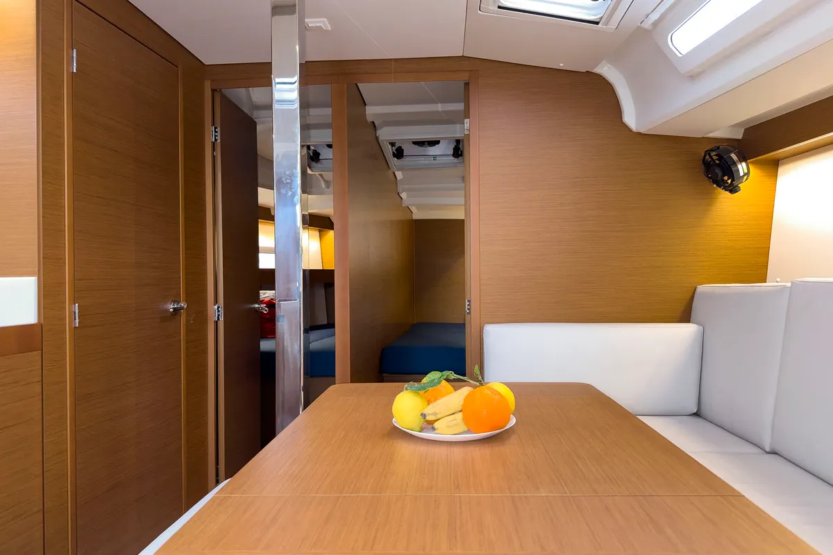 Salon of tam elli, a Jeanneau Sun Odyssey 440 sailboat at Palma de Mallorca, Spain