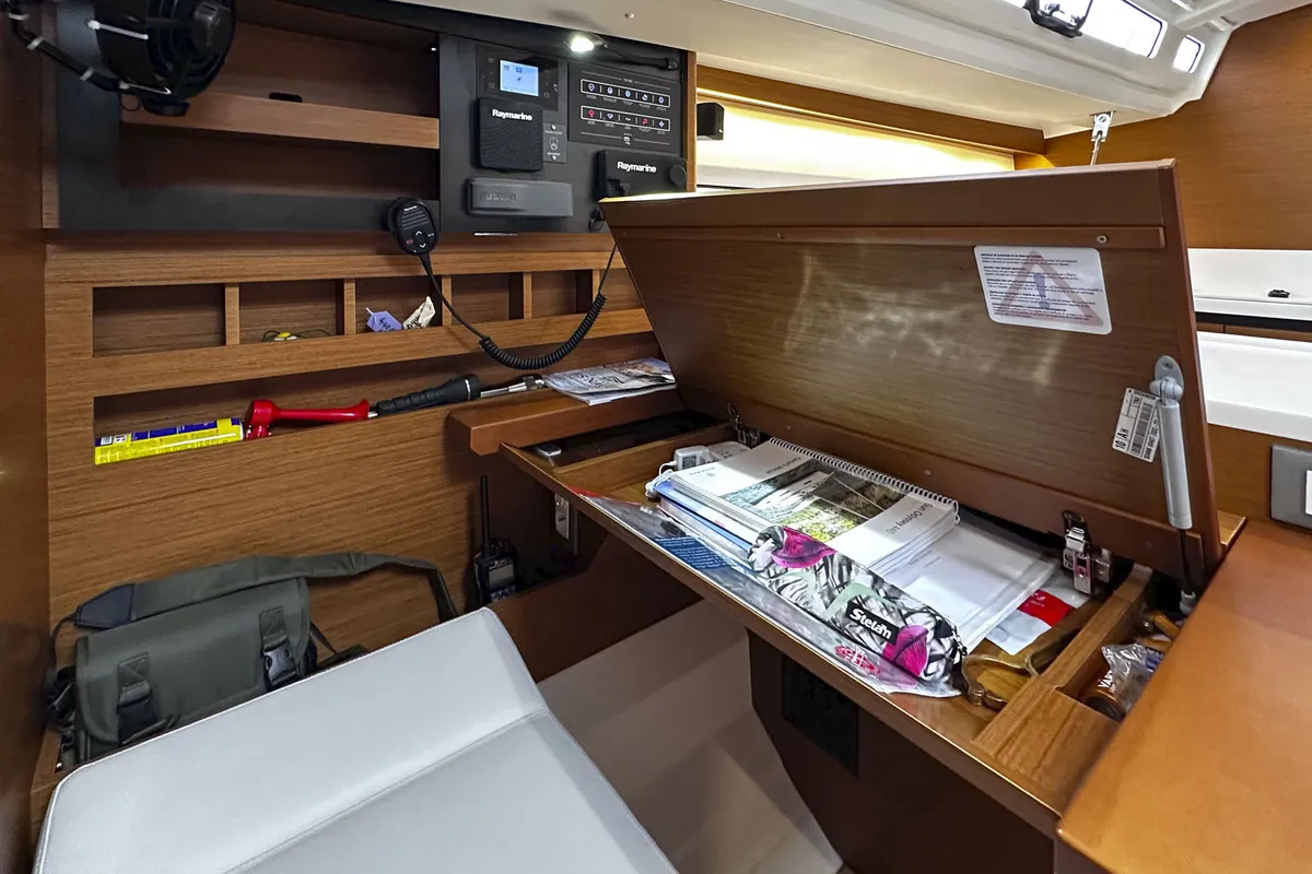 Salon of tam elli, a Jeanneau Sun Odyssey 440 sailboat at Palma de Mallorca, Spain