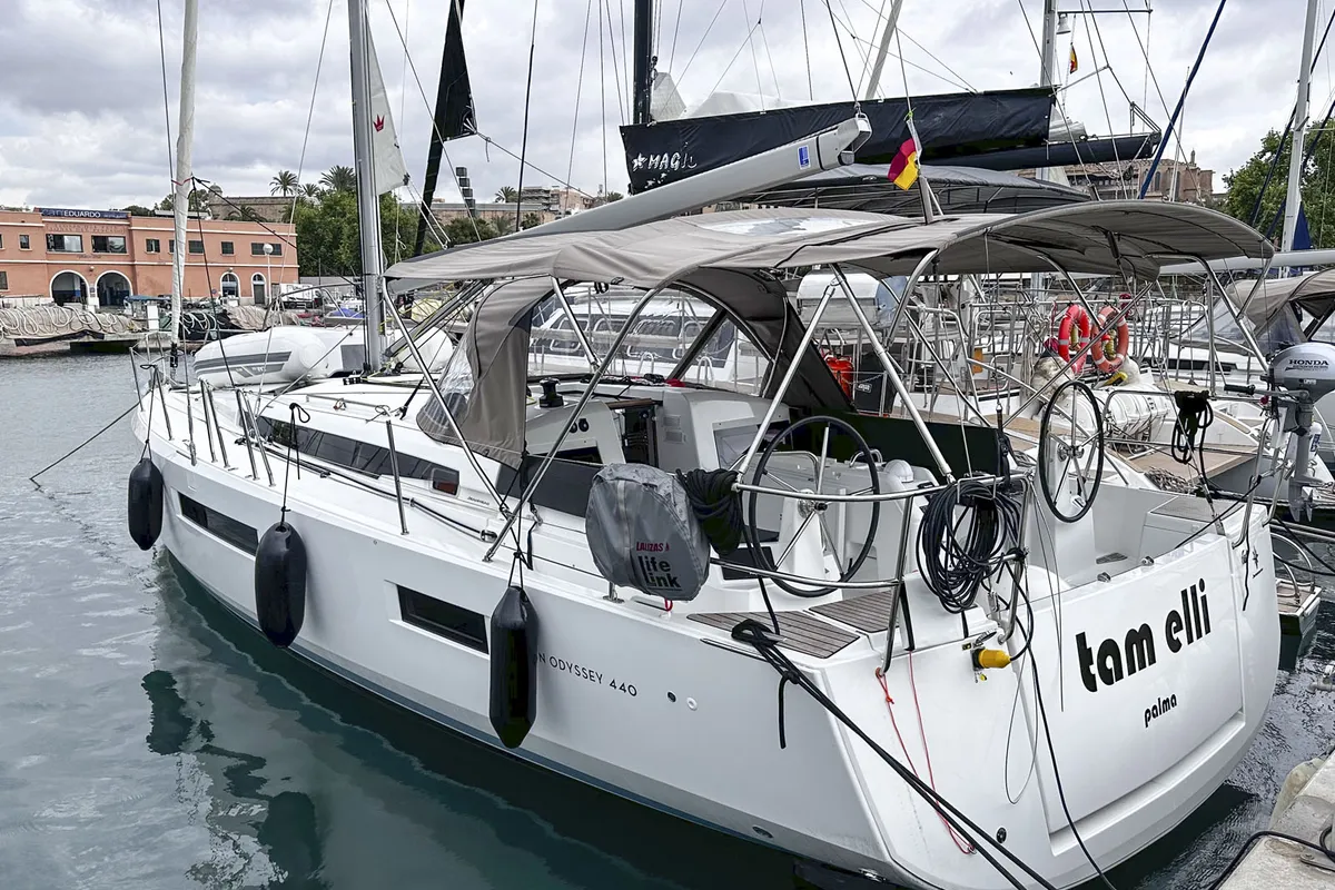 Exterior view of tam elli, a Jeanneau Sun Odyssey 440 sailboat at Palma de Mallorca, Spain