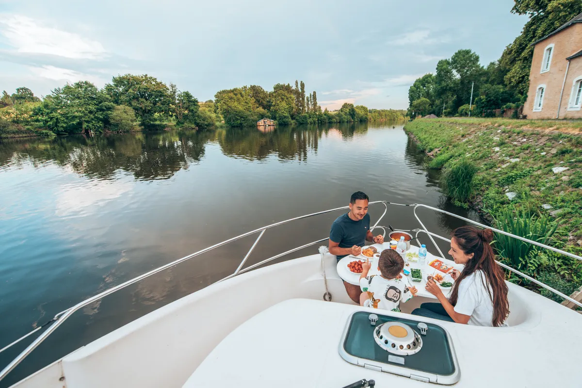 Deck of Allegro 1, a Nicols Confort 900 DP motorboat at Sablé-sur-Sarthe, France