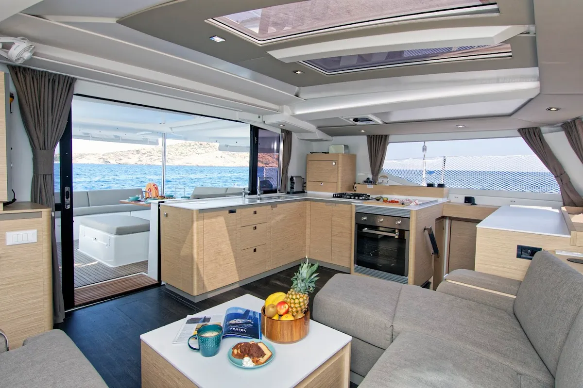 Exterior view of Helidoni, a Fountaine Pajot Tanna 47 catamaran at Volos Municipality, Greece