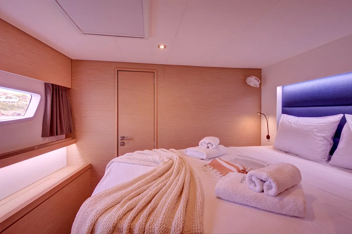 Exterior view of Helidoni, a Fountaine Pajot Tanna 47 catamaran at Volos Municipality, Greece