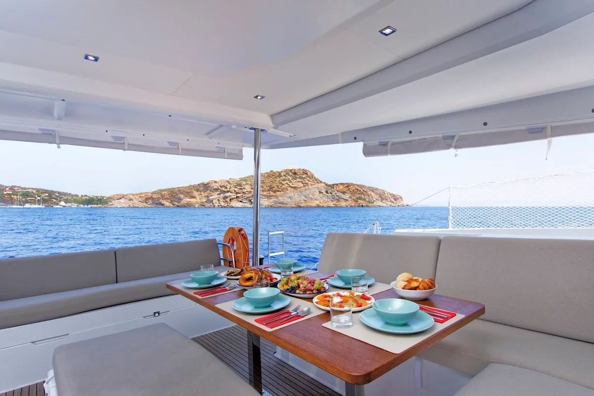 Deck of Helidoni, a Fountaine Pajot Tanna 47 catamaran at Volos Municipality, Greece