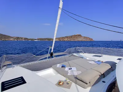 Deck of Helidoni, a Fountaine Pajot Tanna 47 catamaran at Volos Municipality, Greece