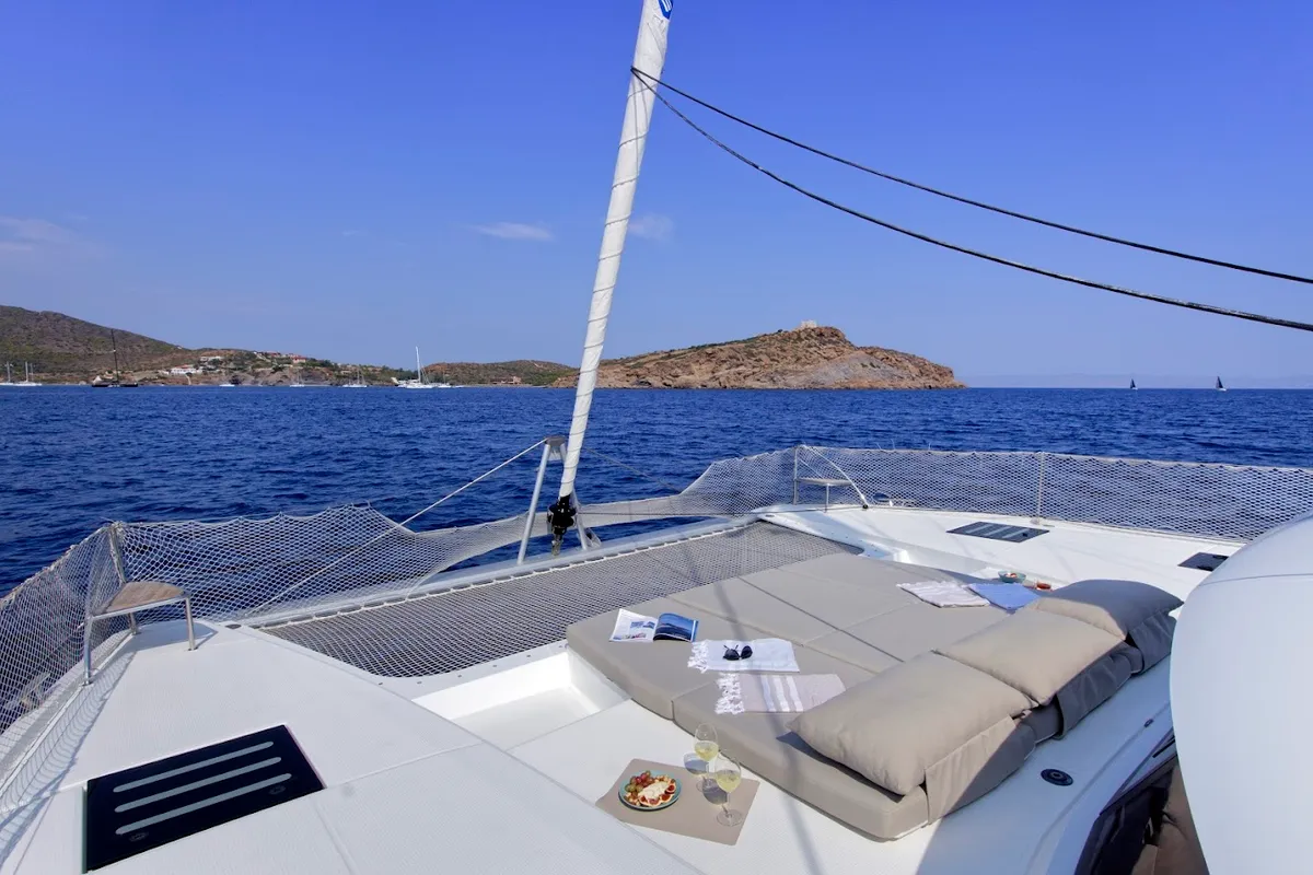 Deck of Helidoni, a Fountaine Pajot Tanna 47 catamaran at Volos Municipality, Greece