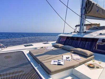 Deck of Helidoni, a Fountaine Pajot Tanna 47 catamaran at Volos Municipality, Greece