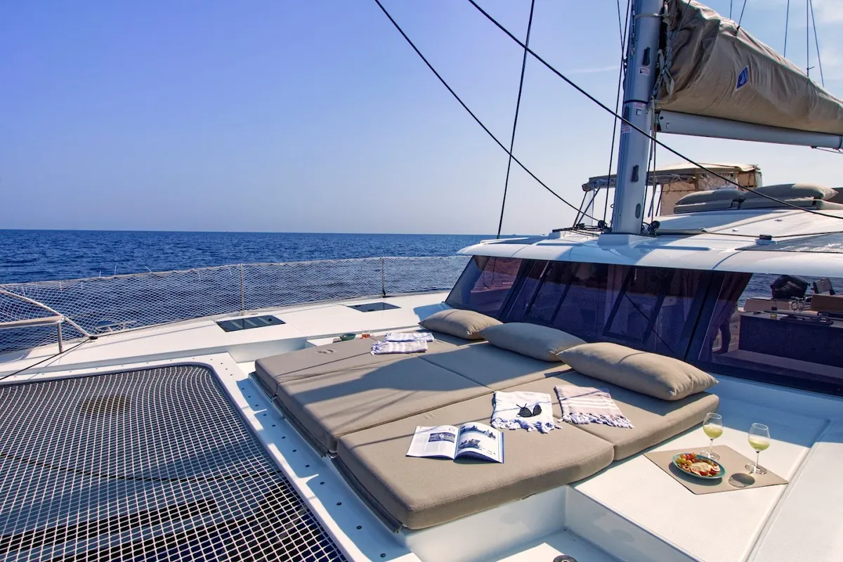 Deck of Helidoni, a Fountaine Pajot Tanna 47 catamaran at Volos Municipality, Greece