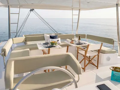 Deck of Blue Moon, a Bali 5.4 catamaran at Ibiza, Spain