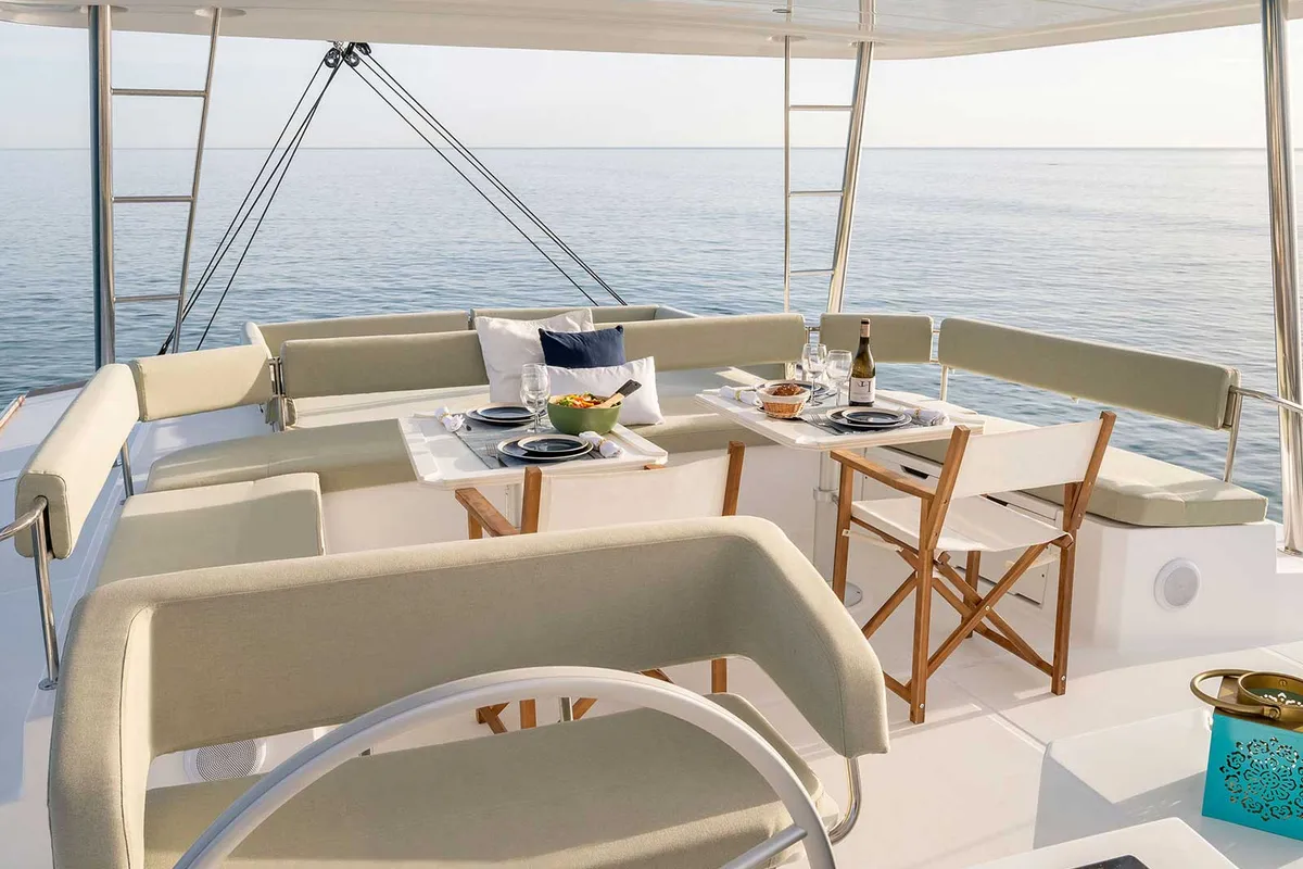 Deck of Blue Moon, a Bali 5.4 catamaran at Ibiza, Spain