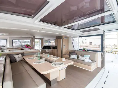 Salon of Blue Moon, a Bali 5.4 catamaran at Ibiza, Spain